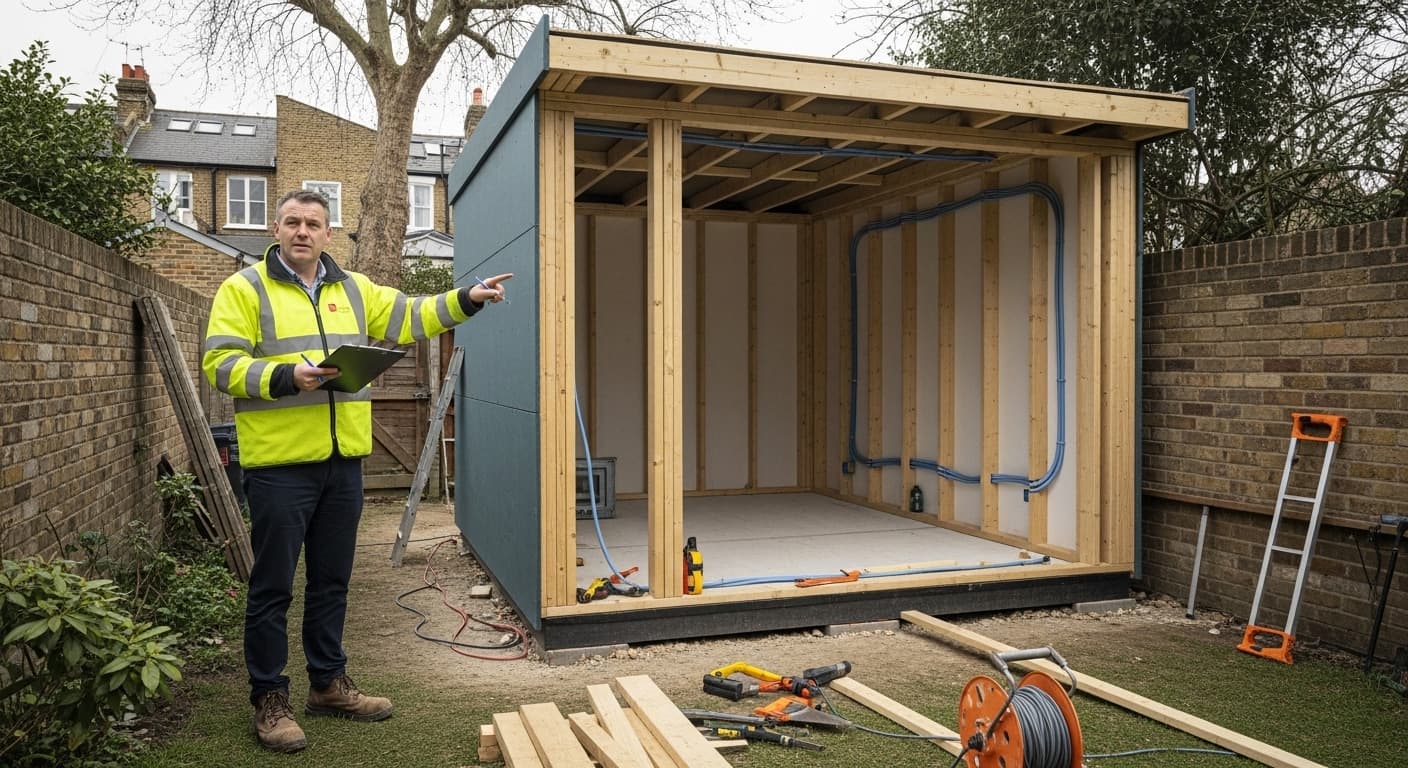 Building control inspector checking garden room construction in London