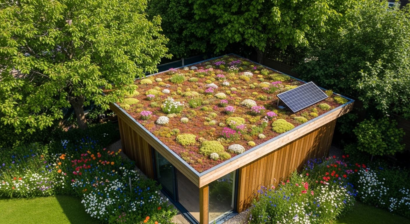 Eco-friendly garden room with sedum green roof and FSC timber cladding