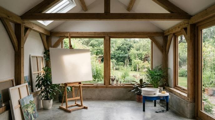 Light-filled garden art studio with skylight and north-facing windows