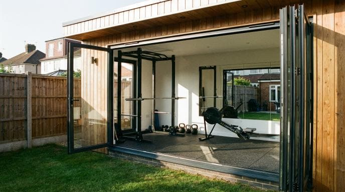 Private garden gym with rubber flooring and power rack in a London garden