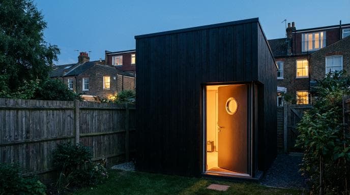 Soundproofed garden music studio with acoustic isolation at dusk