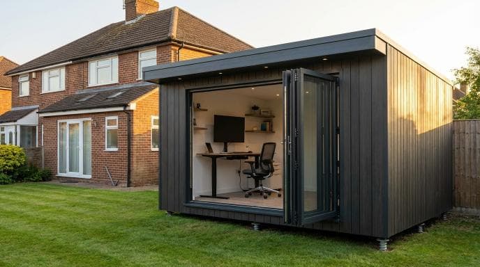 Garden office pod with bi-fold doors open in a London suburban garden