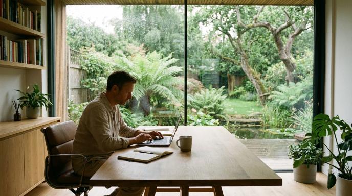 Homeowner working in a modern garden office in London