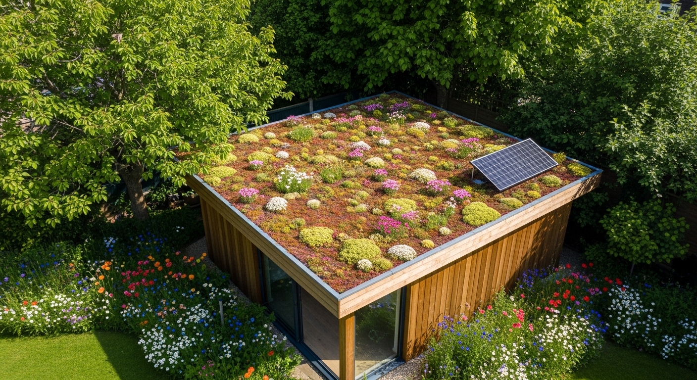 Eco-friendly garden room with sedum green roof and FSC timber cladding